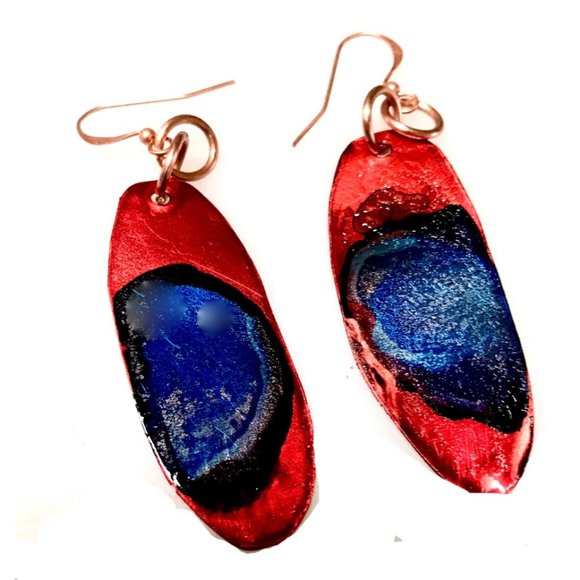 Conceptual Subculture Jewelry - Blue Red Rustic Solid Copper Long Painted Earrings Handmade OOAK Bohemian Hippie